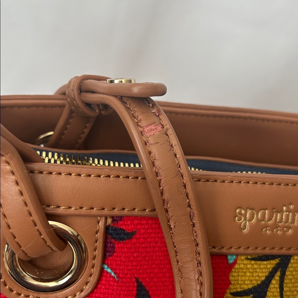 Spartina 449 Vibrant Red Floral Brown Leather Accents/Trim Tote Bag Purse 🌺🌺 - Picture 14 of 14